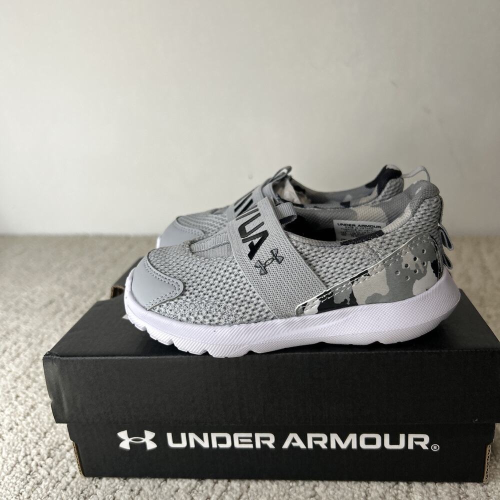 Under Armour BINF Surge 3 Slip PRINT - Boys 5 Toddler Grey Slip on Medium New